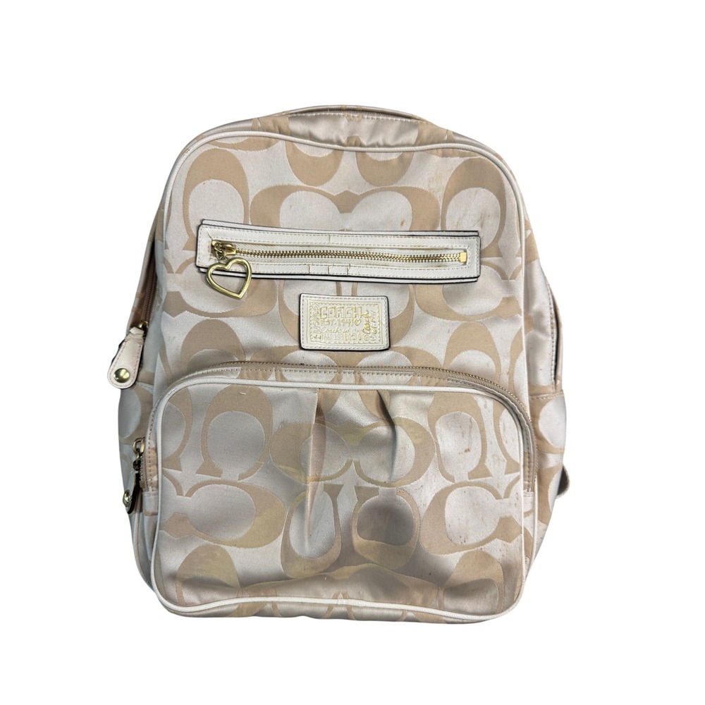 Coach Poppy Signature C Backpack Champagne Ivory Gold Heart Pull Bag